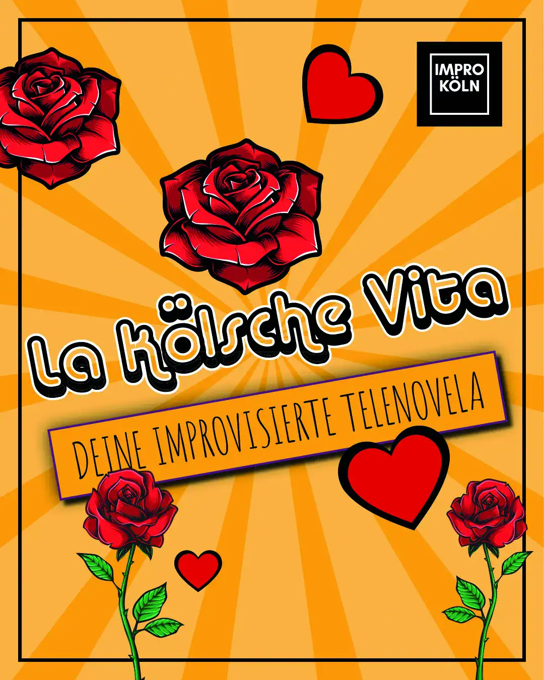Blumenillustration für ImproKoeln mit Rosen und Herzmotiven, im Pop-Art-Stil.