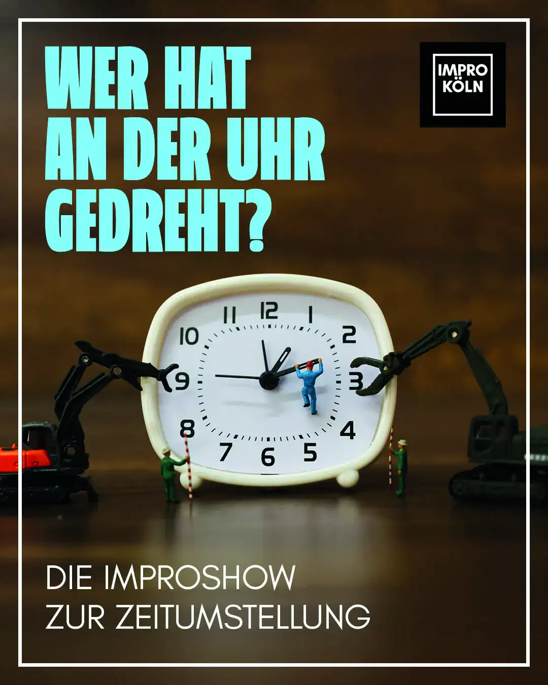 Uhrenmonteur bei einer Minuteinstellung an einer Wanduhr, Miniaturarbeiter mit Baugeräten.