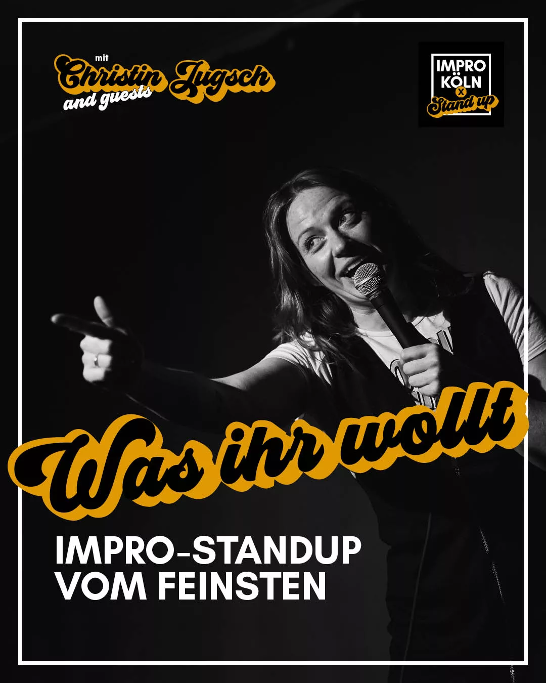 Lustige Stand-up Comedy mit Nele Mathew bei ImproKoeln in einer Kneipen-Atmosphäre.